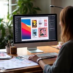 Designer working on computer with print proofs